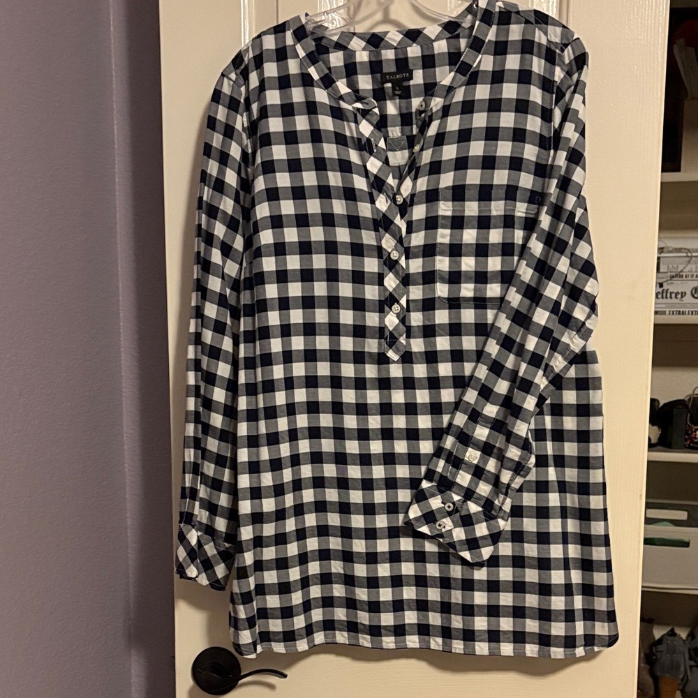 Talbots Navy and Ivory Checkered Blouse